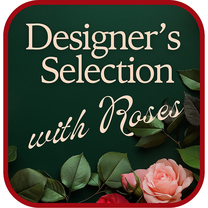Designer\'s Choice with Roses in Glass Vase
