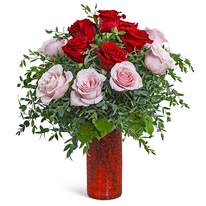 One Dozen Sparkling Pink and Red Roses